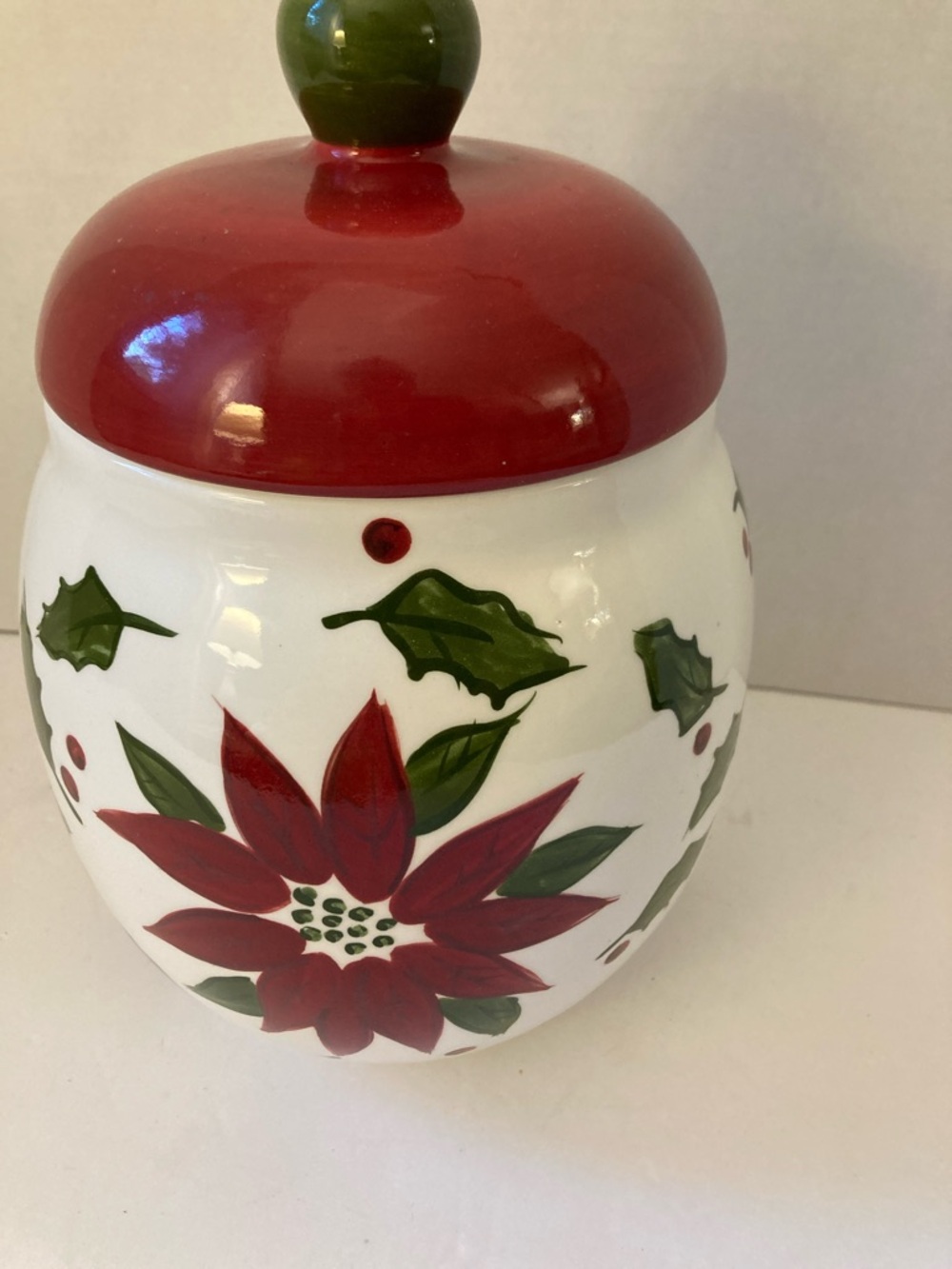 Libbey Holiday Poinsettia Ceramic Canister hand painted 10in vintage